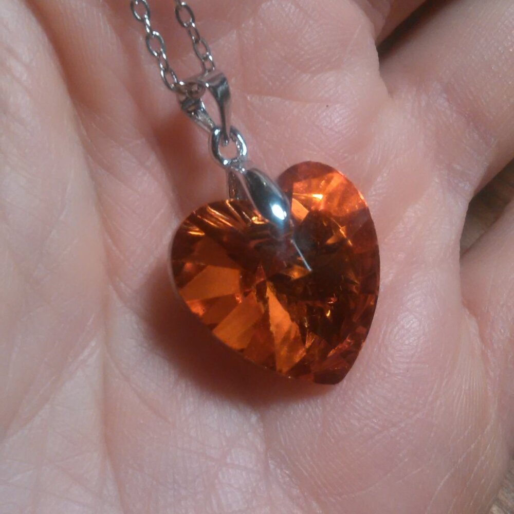 Orange Color Austrian Crystal Heart Silvertone Brass Pendant Necklace